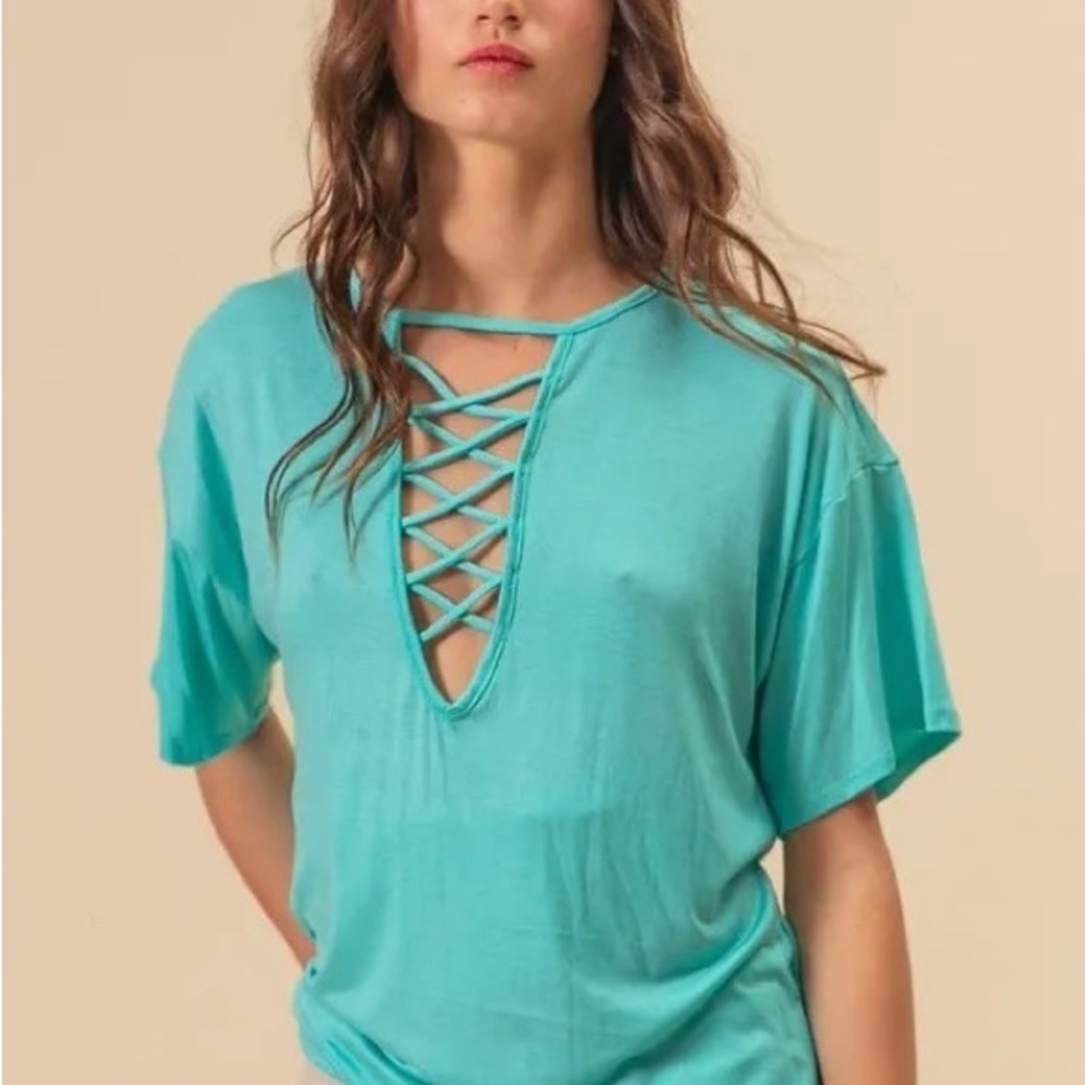 BiBi Jersey Knit Top with Criss Cross Front Neck Detail - Picture 5 of 6